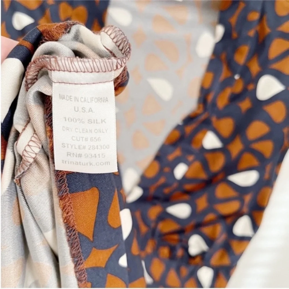 Trina Turk top orange navy blue mod retro empire waist zipper silk - Picture 8 of 9